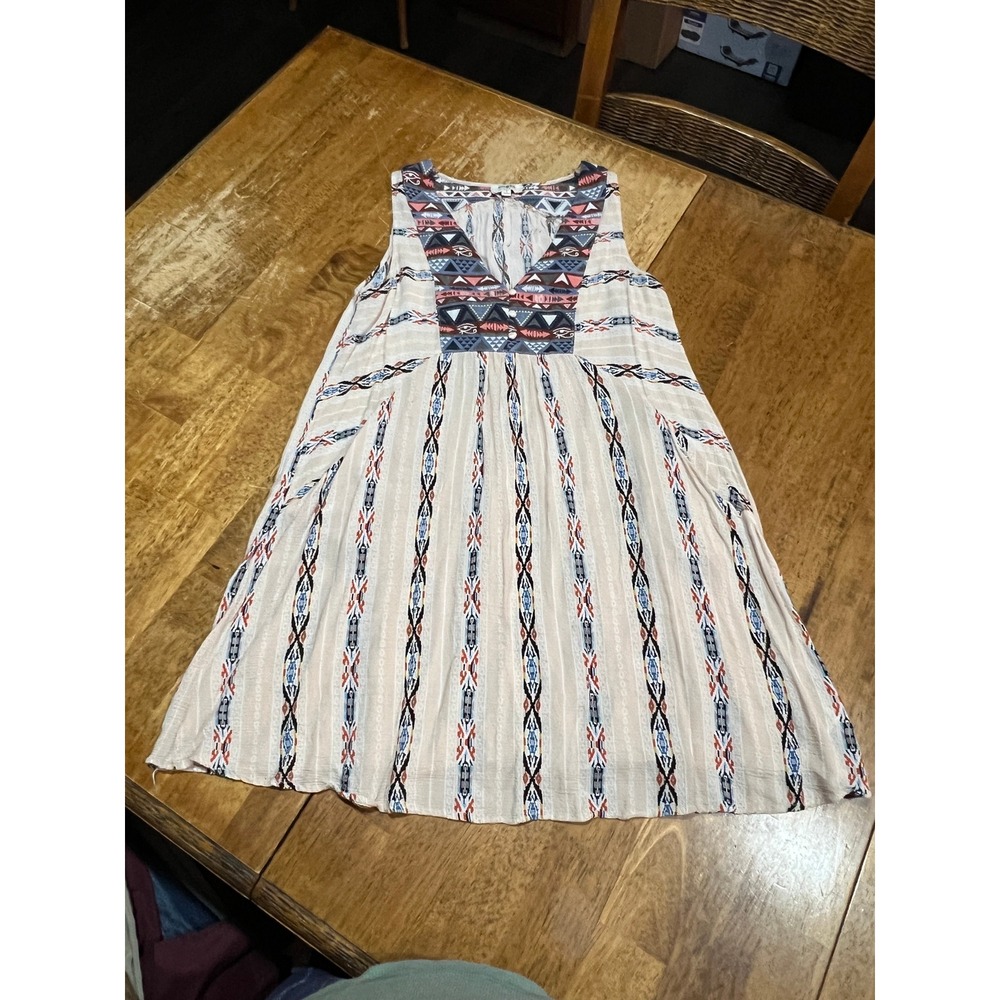 Umgee Aztec Boho Tribal Sleeveless Shift Mini Dress Cream Multicolor Women's S